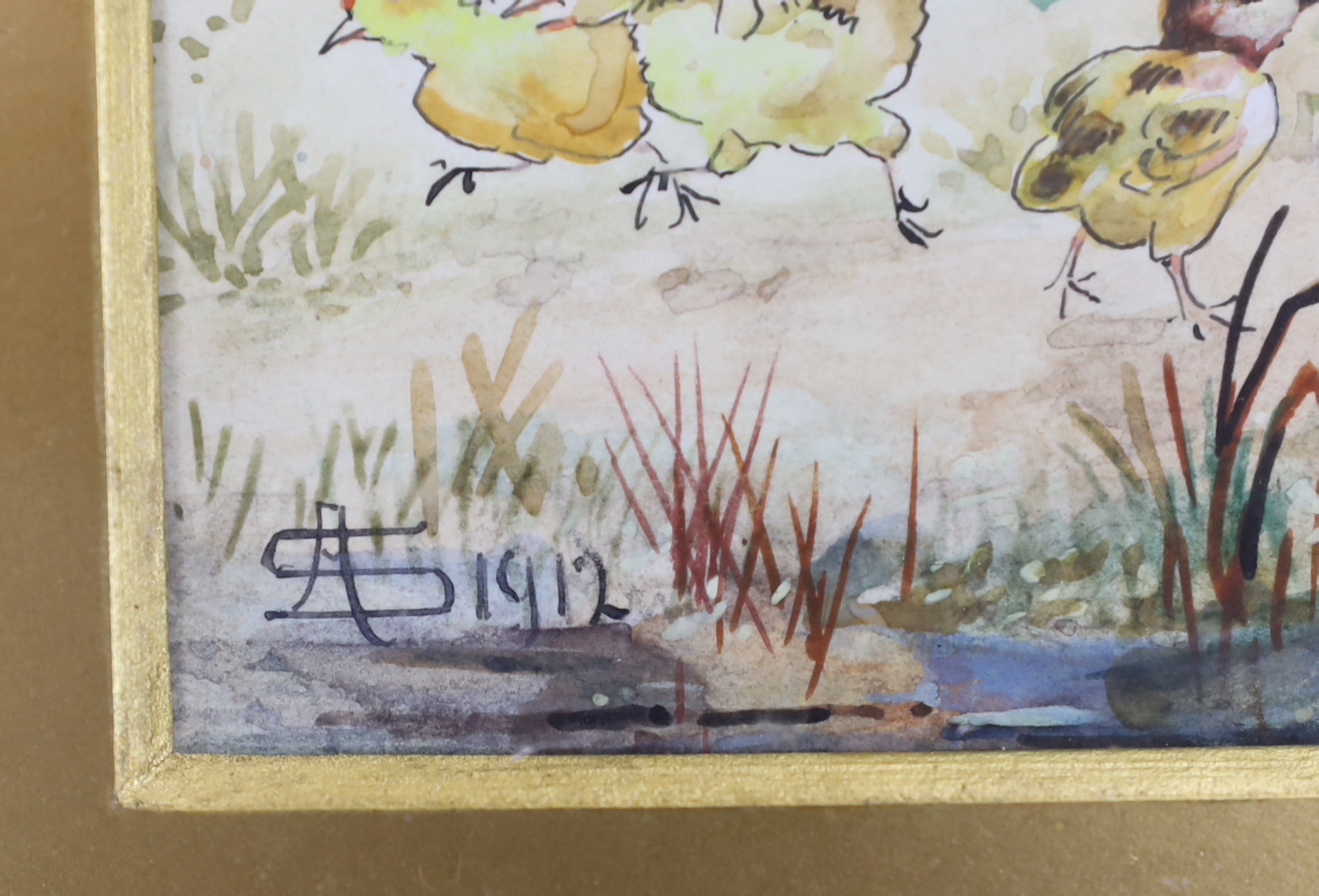 Early 20th century, watercolour, Fighting cockerels, monogrammed A.S. and dated 1912, 29 x 15cm